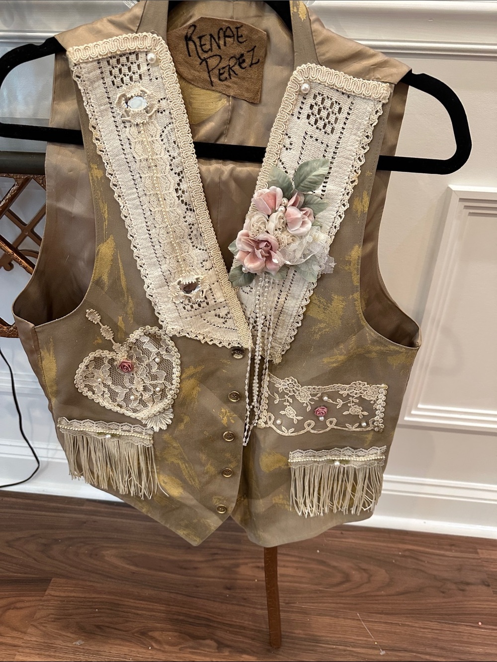 Vintage lace and floral Vest with pearls and Decorative Embellished Vest L/XL